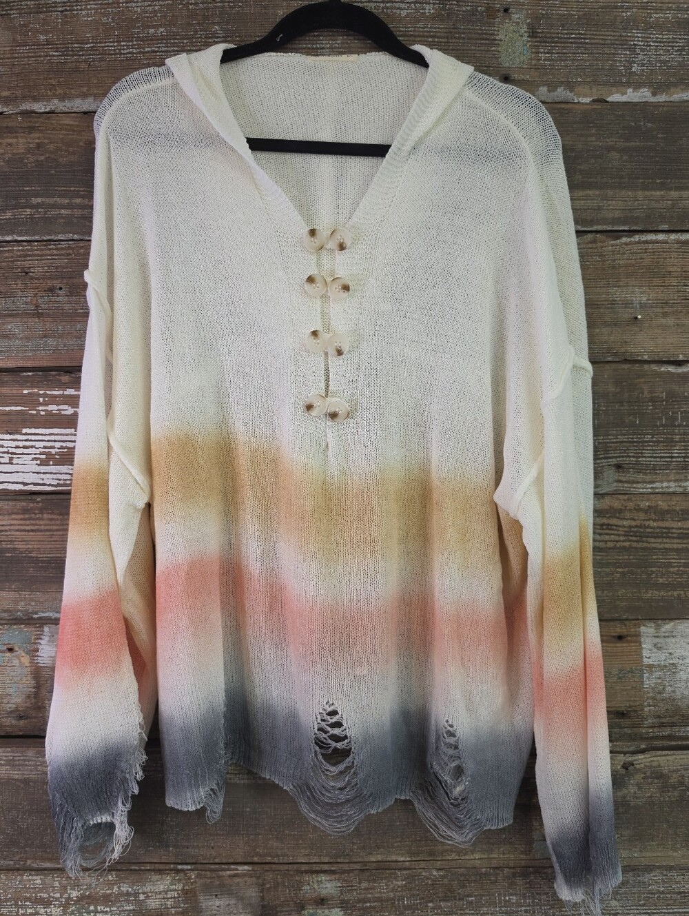 ANDTHEWHY M/L Boho Distressed Ombre Hooded Sweater Oversized Toggle Knit Top - Picture 2 of 5